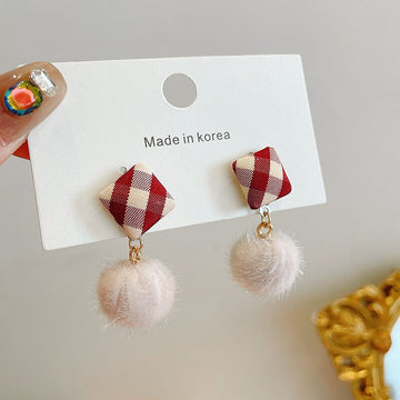 Autumn Winter Christmas Ear Jewelry Cute Lattice Cloth Khaki Hairball Statement Drop Earrings For Women Korean Party Earrings daiiibabyyy